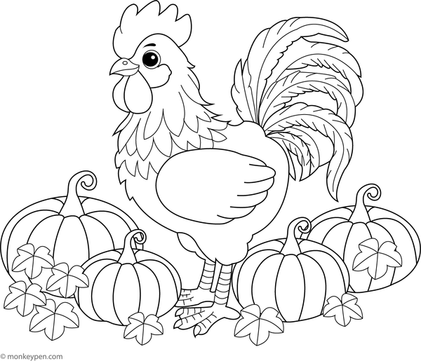 Free colouring page of a rooster in a pumpkin patch with pumpkins and autumn leaves, ideal for fall celebrations and lessons.