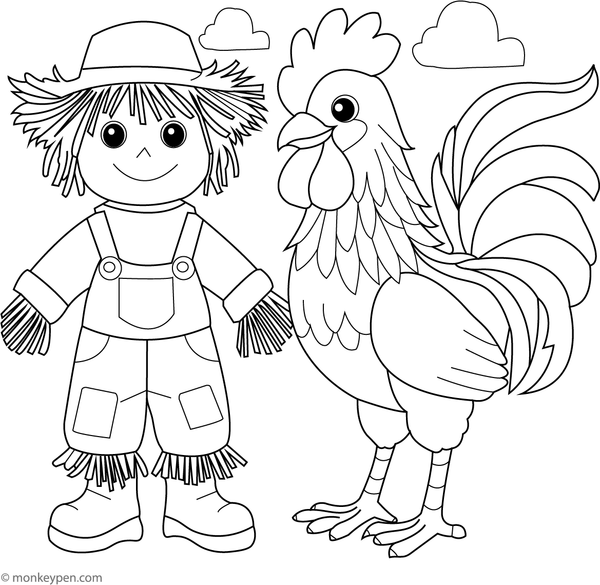 Free colouring page of a rooster with a scarecrow in a harvest field, promoting creativity and seasonal themes.