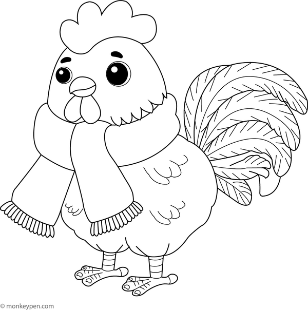 Free colouring page of a rooster wearing a scarf, suitable for autumn and winter themes and farmyard scenes.