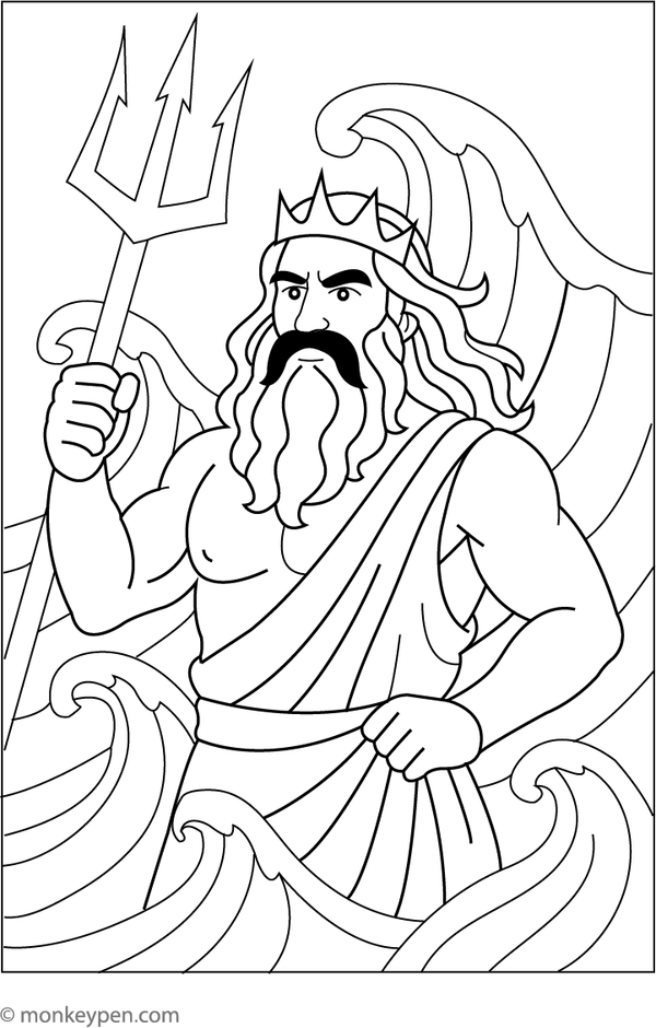 Free printable coloring page featuring Poseidon with his trident amid the rolling ocean waves.