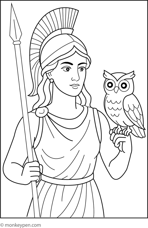 Children’s printable coloring page showcasing Athena with her owl companion, suitable for learning about Greek deities and legends.