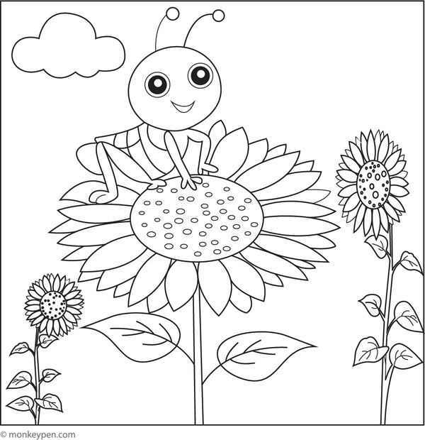 Children's coloring page showcasing a grasshopper beside a large sunflower.