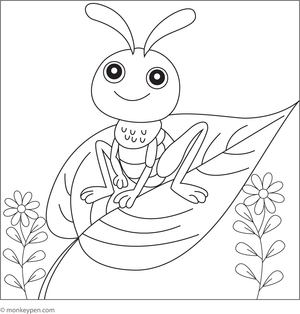 Playful grasshopper resting on a large leaf, presented as a printable coloring activity for children.