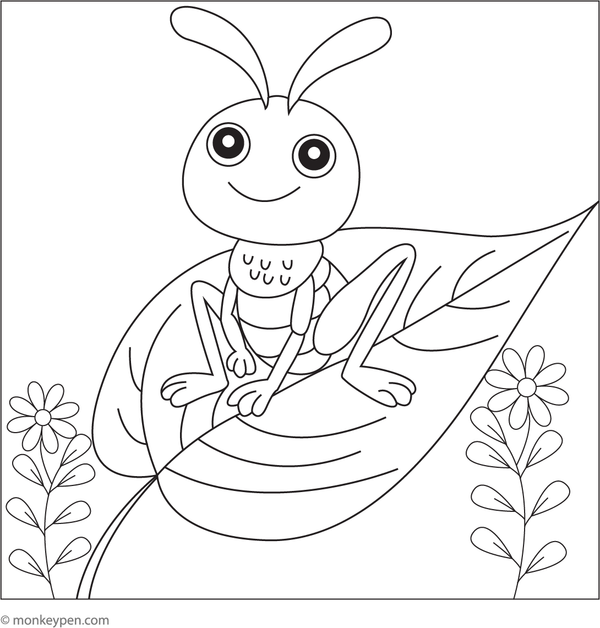 Playful grasshopper resting on a large leaf, presented as a printable coloring activity for children.