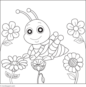 Printable coloring activity depicting a grasshopper among flowers in a garden setting.