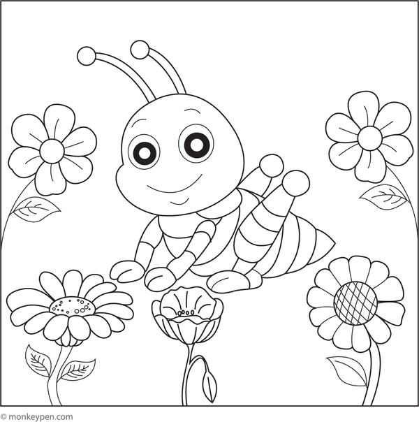 Printable coloring activity depicting a grasshopper among flowers in a garden setting.