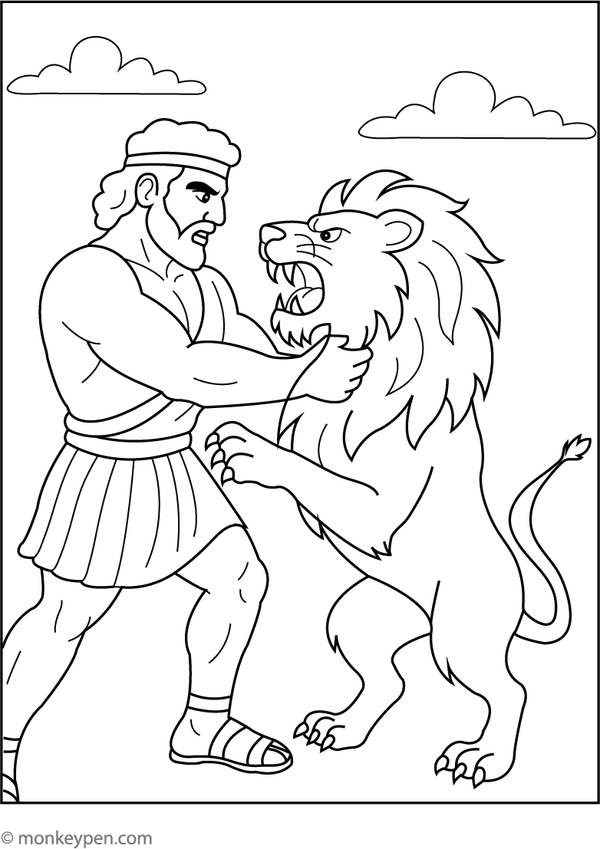Engaging coloring sheet illustrating Hercules confronting the formidable Nemean Lion.