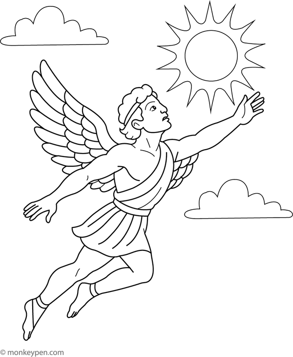 Printable mythology-themed coloring page of Icarus soaring with wings toward the bright sun.