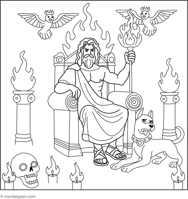 Kids’ coloring page illustrating Hades presiding over his fiery underworld in Greek mythology.