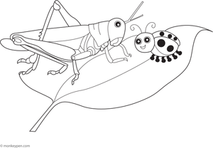 Adorable illustration of a grasshopper meeting a ladybug on a leaf, suitable for a printable coloring activity.