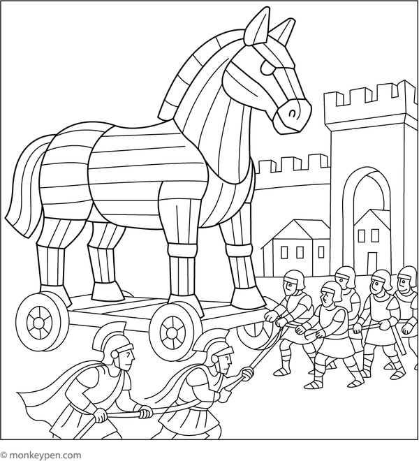 Printable coloring sheet featuring the iconic Trojan Horse, representing a pivotal moment in Greek legend.