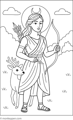Children’s coloring sheet depicting Artemis, the Greek goddess of the hunt, standing confidently.