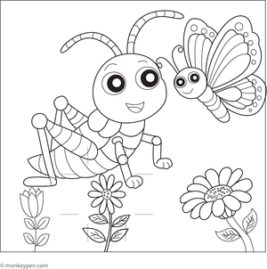 Printable coloring sheet of a grasshopper observing a butterfly in a garden setting.
