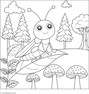 Coloring page illustrating a grasshopper exploring a lush forest with trees and plants.
