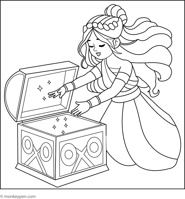 Fun printable coloring page illustrating Pandora opening her mysterious box from Greek mythology.