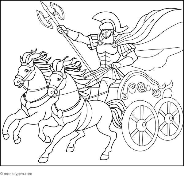Printable coloring page showcasing Ares in his armor, embodying strength and combat.