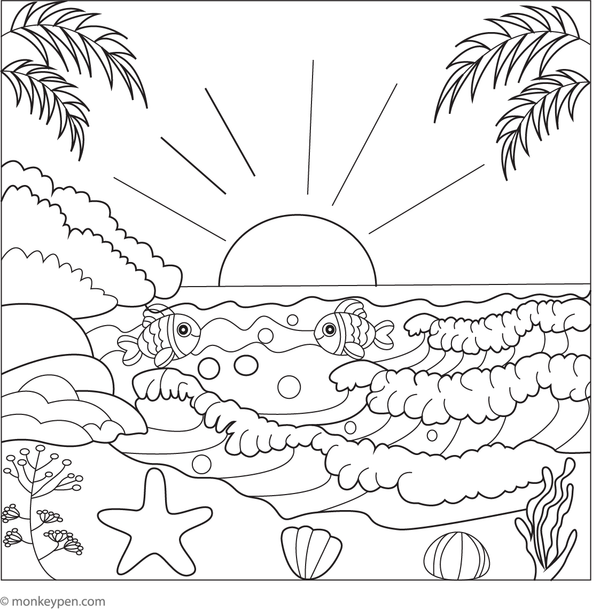 Printable sunset over the ocean colouring page for children featuring a glowing sun, waves, and horizon, suitable for tranquil artistic activities.