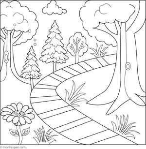 Printable forest path colouring page for children illustrating a winding trail through trees, encouraging nature-inspired creativity.