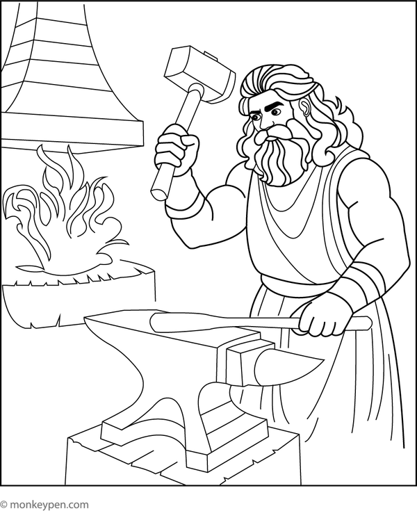 Printable coloring sheet illustrating Hephaestus working at his forge, inspiring creativity.