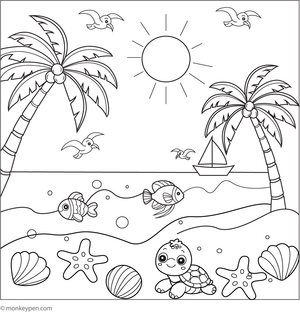 Printable tropical beach colouring page for children showing palm trees and ocean waves on a sunny shoreline, ideal for summer activities.