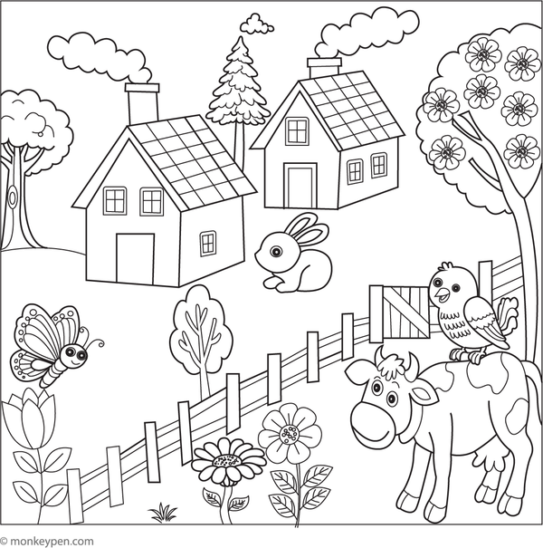 Printable village scene colouring page for children depicting houses, trees, and pathways, designed for rural community education.