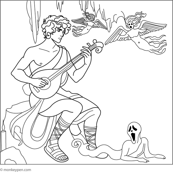 Printable coloring scene of Orpheus with his lyre, capturing the essence of musical magic.
