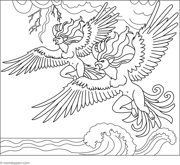 Fun coloring sheet depicting the fierce Harpies flying through dark storm clouds.