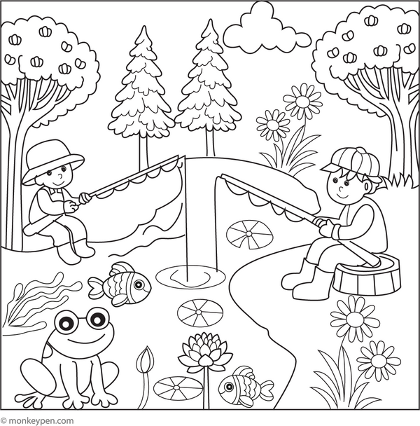 Printable riverbank colouring page for children with flowing water, trees, and grassy banks, promoting peaceful nature illustration.
