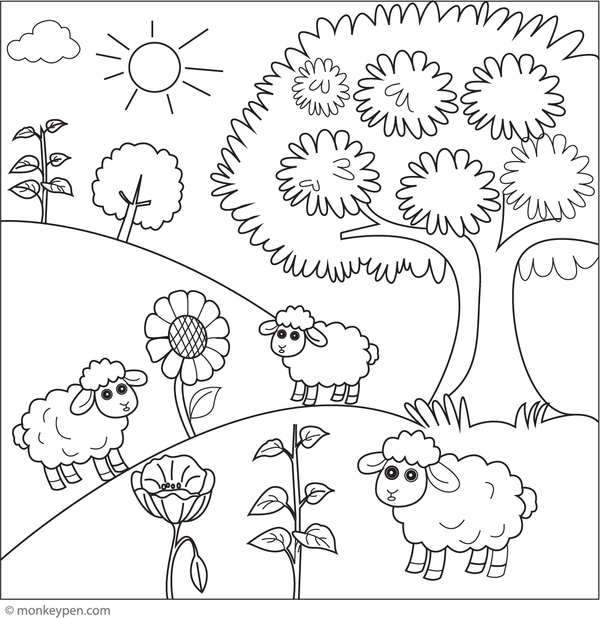 Printable hilltop colouring page for children showing rolling hills, trees, and open skies, encouraging scenic landscape artwork.