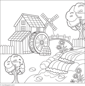 Printable watermill colouring page for children featuring a traditional water wheel beside a river, fostering appreciation of countryside scenery.