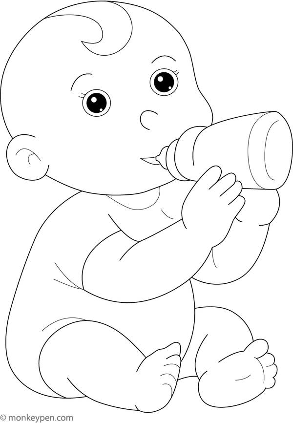 Baby drinking milk from a bottle, swaddled in a blanket, ready for coloring.