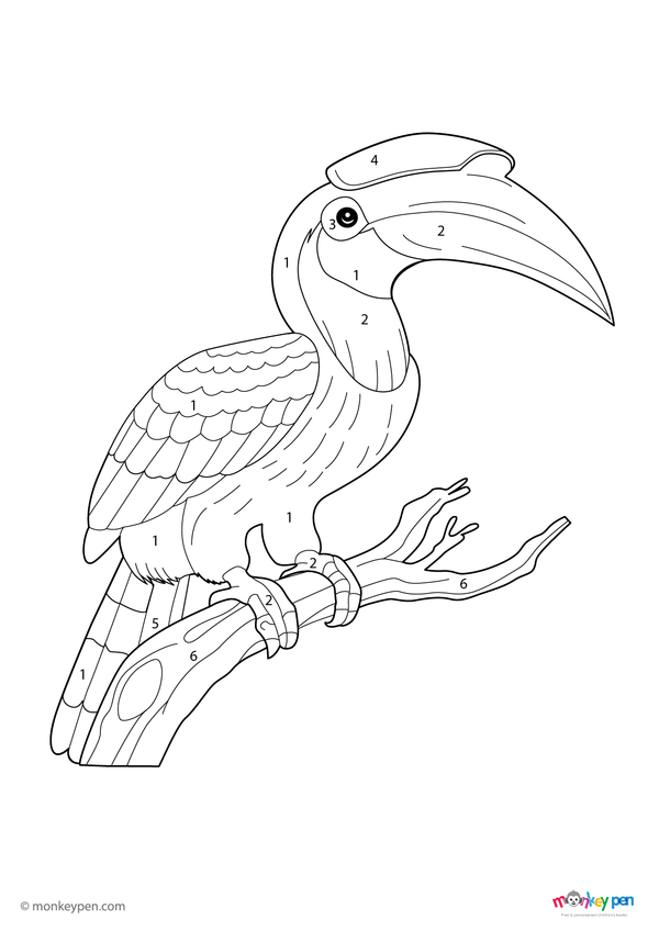 Downloadable hornbill color-by-number PDF for kids featuring a tropical bird with a curved beak and feathered wings; a fun, free activity that builds number and color recognition through guided coloring.