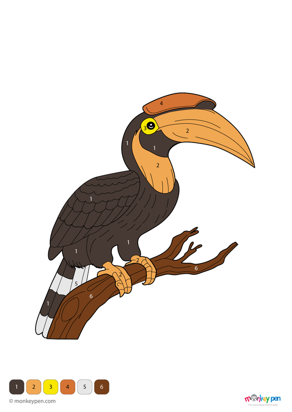 Downloadable hornbill color-by-number PDF for kids featuring a tropical bird with a curved beak and feathered wings; a fun, free activity that builds number and color recognition through guided coloring.