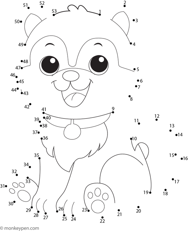 Printable dot-to-dot worksheet of a cartoon husky dog with pointed ears and fluffy tail for children to connect and color.