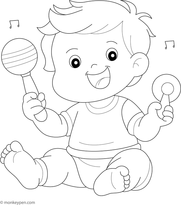 Baby playing with a rattle, surrounded by toys, ready to be colored.