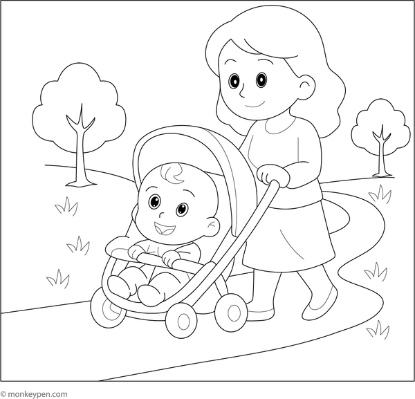 Baby resting in a stroller, wrapped in a blanket, ready for coloring.