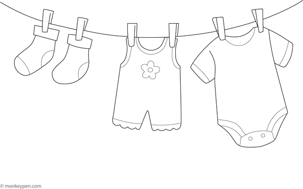 Baby onesies hanging on a clothesline, fluttering in the breeze, ready to be coloured.