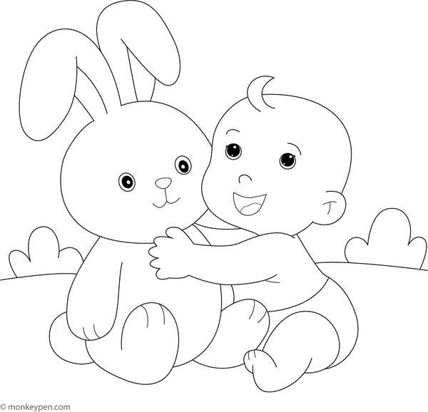 Baby hugging a large stuffed bunny, in a cozy setting, ready to be colored.
