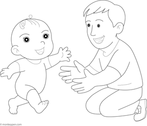 Baby taking first steps, holding onto furniture, ready to be colored.