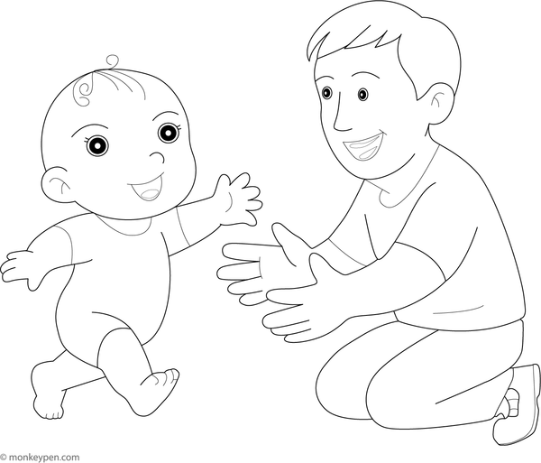 Baby taking first steps, holding onto furniture, ready to be colored.