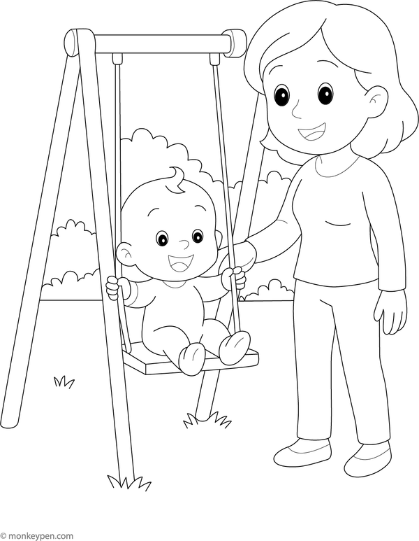 Baby swinging in the garden, surrounded by flowers and trees, ready to be colored.