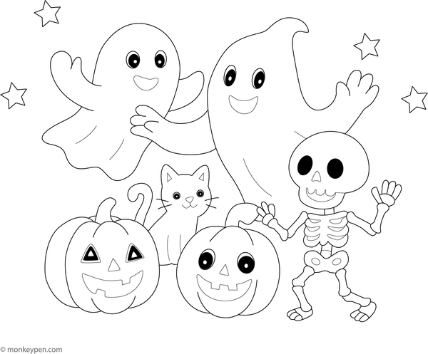 Group of ghosts playing with Halloween characters like witches and pumpkins, ready to be coloured.