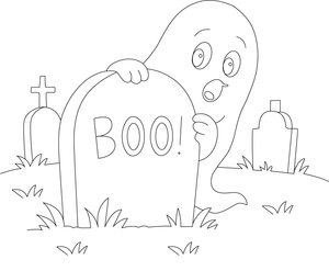 Ghost peeking out from behind a gravestone, surrounded by fog, ready to be colored.
