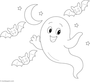 Ghost surrounded by flying bats under a full moon, ready to be colored.