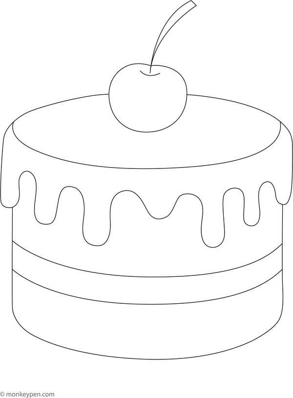 Single-layer cake with frosting and a cherry on top, ready for kids to colour.