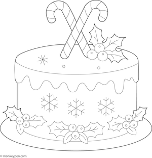 Christmas cake decorated with holly, snowflakes, and festive elements, designed for coloring.