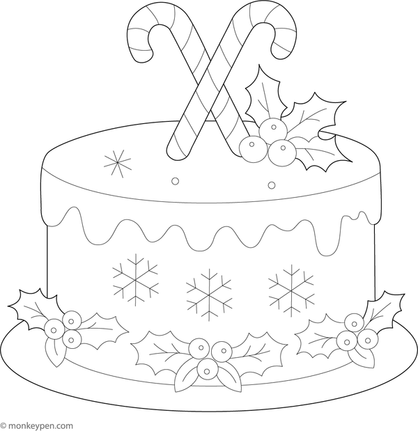 Christmas cake decorated with holly, snowflakes, and festive elements, designed for coloring.