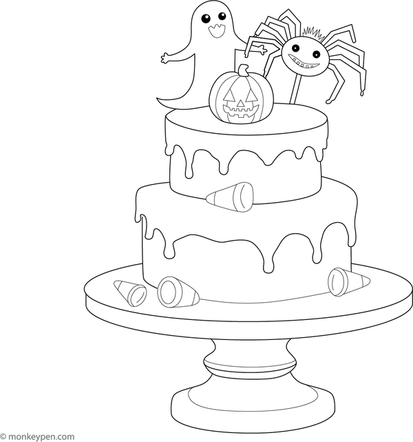 Halloween-themed cake decorated with pumpkins, spider, and ghost, ready for coloring.