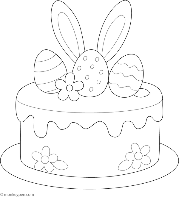 Easter cake decorated with bunny ears and multicolored eggs, ready to be colored.