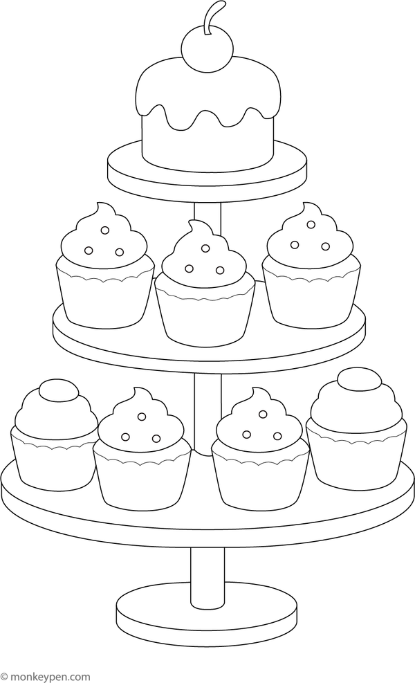A stacked cupcake tower with mini cakes and colorful toppings, ready for coloring.